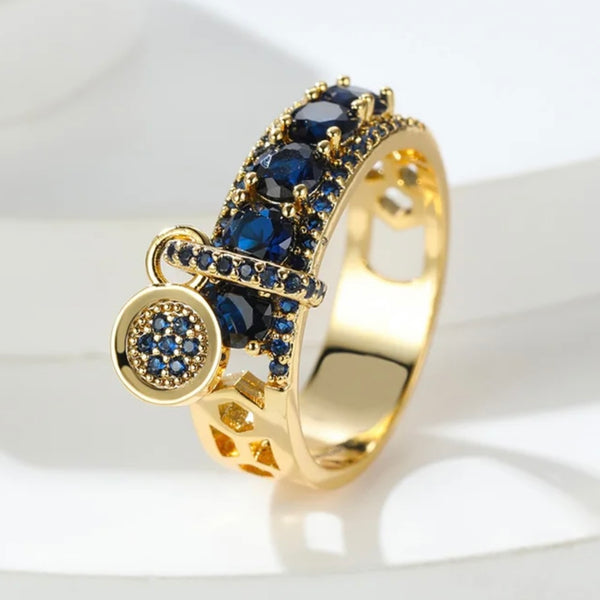 Royal Blue Sapphire CZ Gold Toned Dangle Fashion Ring Womens Size 6 New