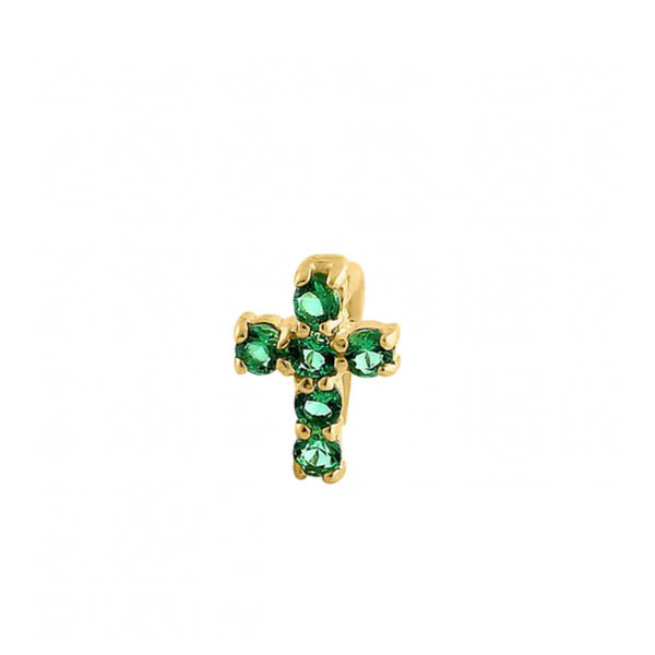 Solid 14K Yellow Gold Cross Emerald Green CZ Nose Stud New