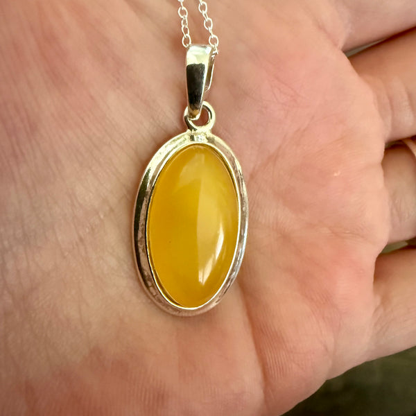 Natural Butterscotch Baltic Amber Oval Framed Pendant Necklace Sterling Silver