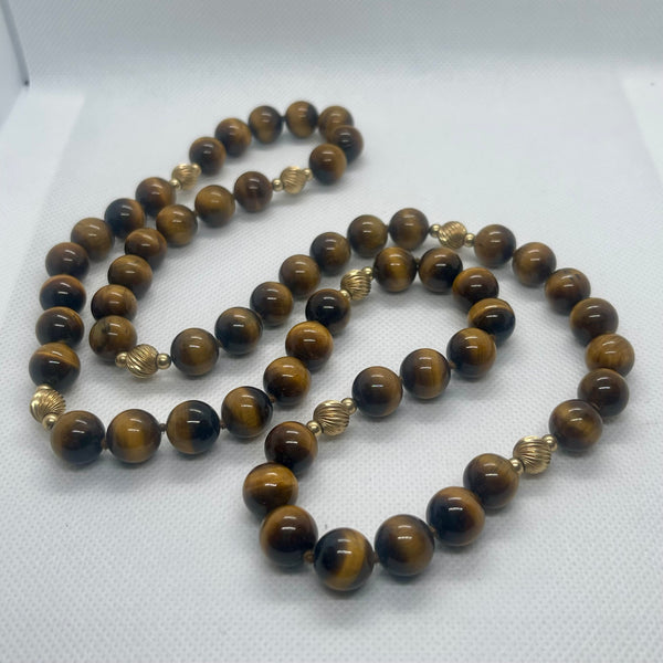 Vintage Tiger Eye Single 30” Strand Beaded Natural Gemstone Long Necklace