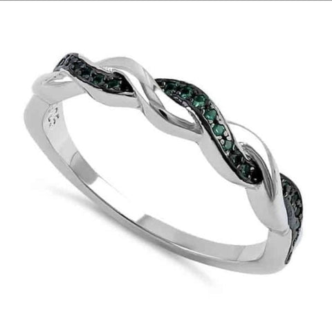 Sterling Silver and Black Rhodium Plated Braided Green Emerald Ring Size 5