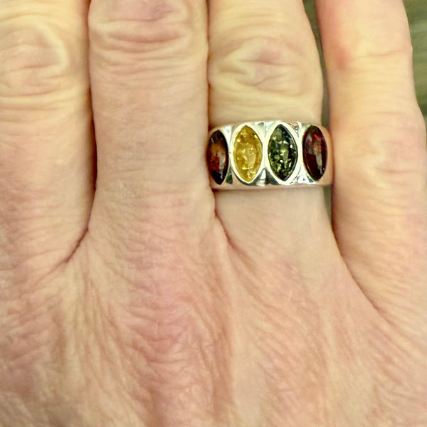 Sterling Silver Multicolor Baltic Amber Four Stone Marquise Shape Ring New