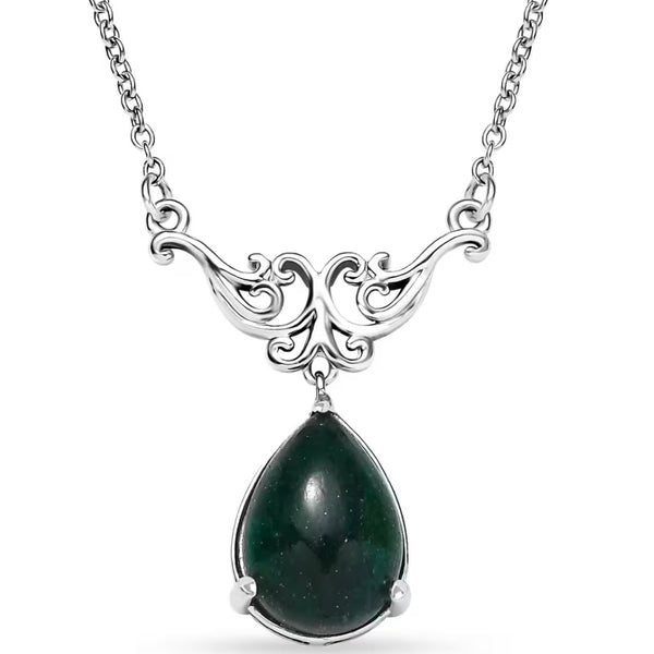Karis Green Aventurine 5.85 ctw Pear Shape Platinum Chain Necklace 18 Inches New
