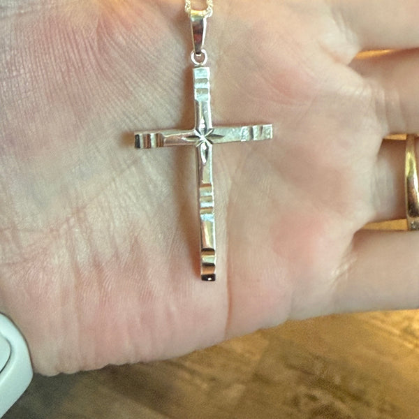 Stunning Solid Silver Star Etched Cross Pendant 22” Rope Unisex Necklace