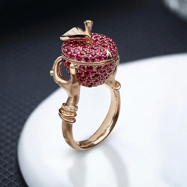 Pink Crystal Apple Ring Womens Secret Compartment Statement Jewelry New