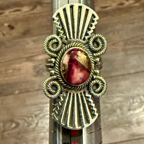 Unique Red Rose Dahlia Turquoise Ring Southwestern Fan Framed Sterling Silver 7