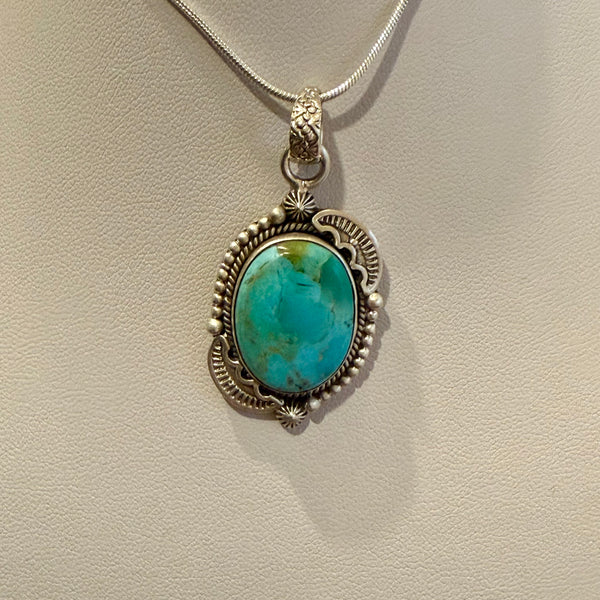 Turquoise Pendant Necklace Southwest Artisan Made Oval Framed Sterling Silver