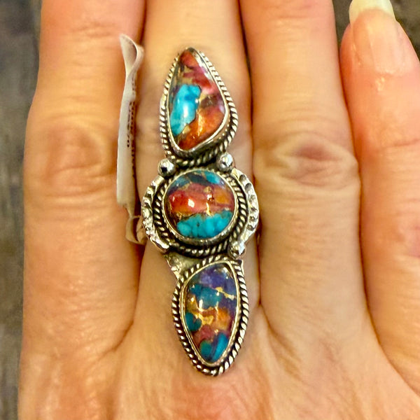 Southwestern Pink Dahlia Turquoise Statement Boho Ring 925 Sterling Silver 7 New