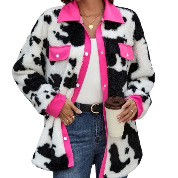 Oversized Cow Print Sherpa Snap Jacket With Snaps Womens Pink Size X Large New
