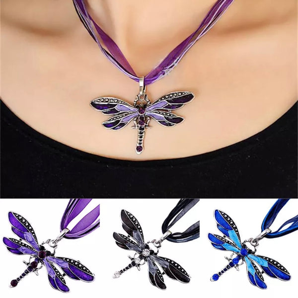 Crystal Dragonfly Ribbon Casual Pendant Purple Necklace For Women