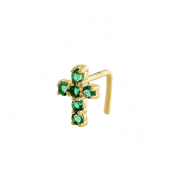 Solid 14K Yellow Gold Cross Emerald Green CZ Nose Stud New