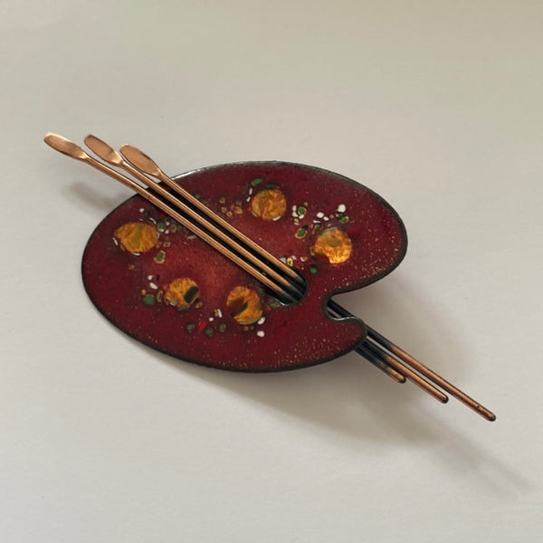 Vintage 50s Matisse Stamped Copper Painters Palette Enamel Artist Brooch Pin