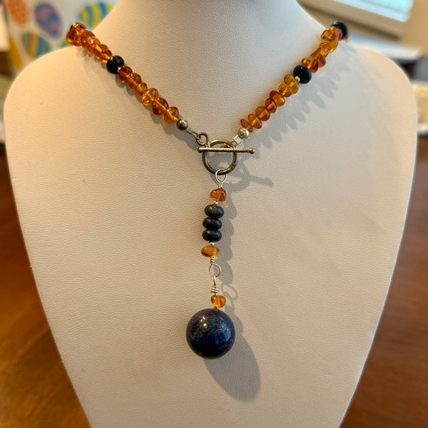 Baltic Amber And Lapiz Lazuli Beaded Lariat Necklace 925 Sterling Silver New