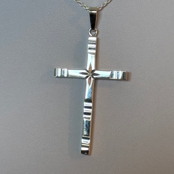 Stunning Solid Silver Star Etched Cross Pendant 22” Rope Unisex Necklace