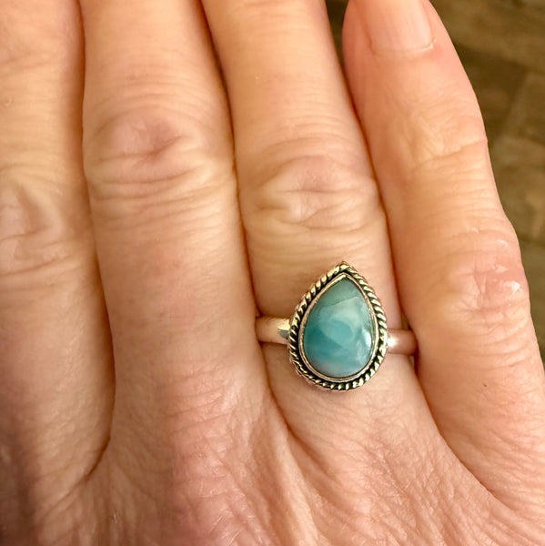 Natural Larimar Sterling Silver Ring Dainty Pear Shaped New
