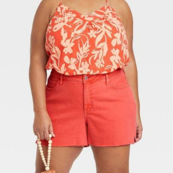High Rise Stretch Denim Jean Shorts Womens Ava & Viv Orange Coral Raw Hem