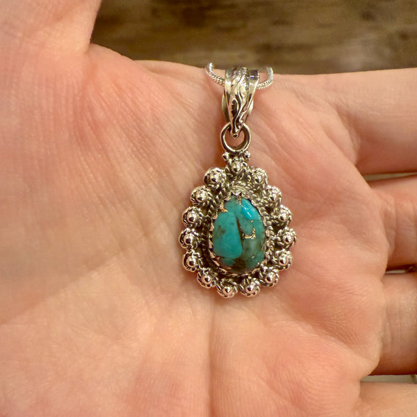 4.15cts Blue Copper Turquoise Pear Pendant Necklace Southwest Sterling Silver