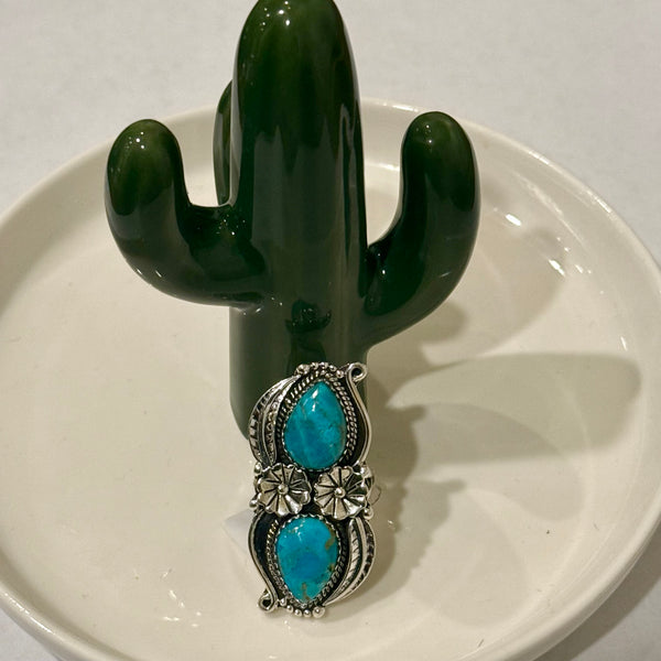 Mohave Turquoise Southwestern Statement Boho Ring Sterling Silver Floral Framed