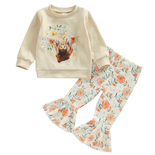 Girls Western Highland Cow Long Sleeve Floral Flare Pants Set