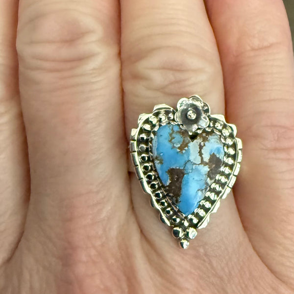 Southwestern Golden Hills Turquoise Sterling Silver Ring Heart Floral Framed