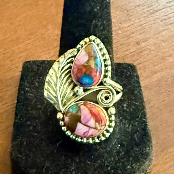 Unique Pink Dahlia Copper Turquoise Statement Ring Southwestern Double Stone 9