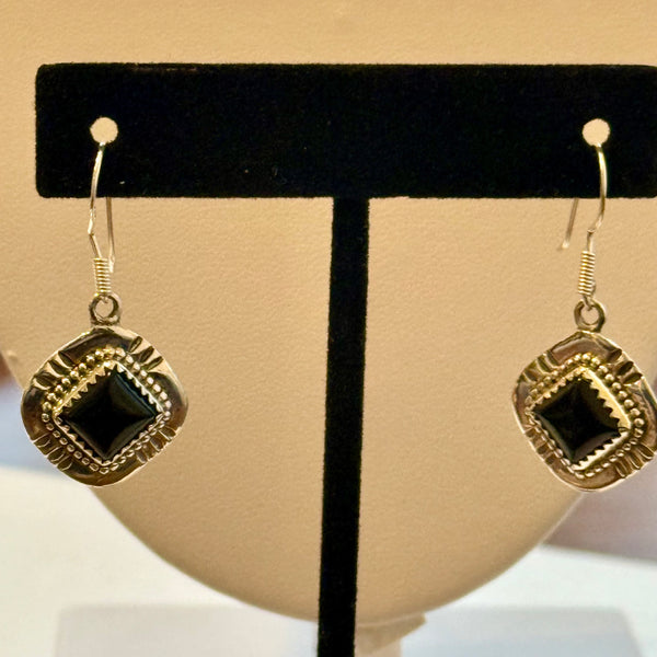 Southwestern Square Framed Genuine Black Onyx Sterling Silver Dangle Earrings