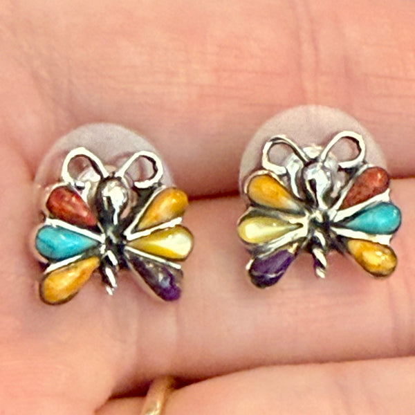 Southwestern Multi Gemstone Inlay Butterfly Dainty Stud Push Back Earrings New