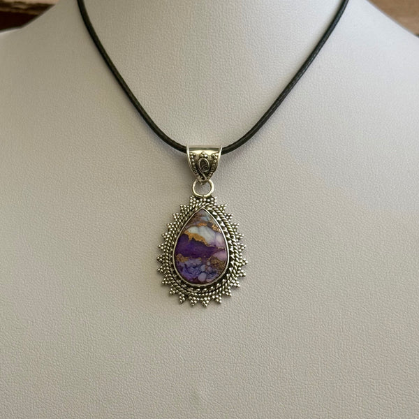 Southwestern Purple Copper Dahlia Turquoise Teardrop Pendant Sterling Silver