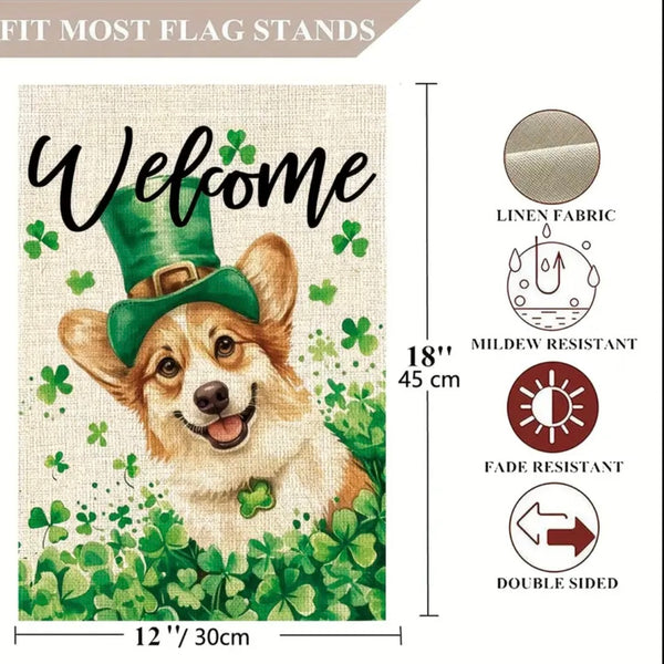 St Patricks Day Corgi Dog Garden Flag Shamrock Clover Welcome Yard Holiday Decor