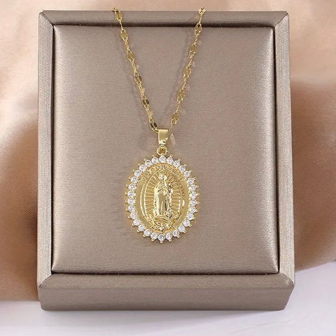 Virgin Mary Pendant Necklace Womens Lady Of Guadalupe Gold Chain New