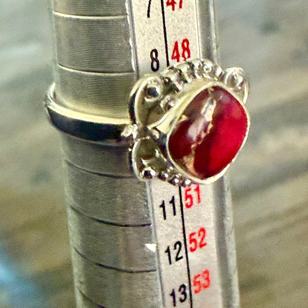 Southwestern Red Rose Dahlia Turquoise Dainty Square Ring Sterling Silver Size 5