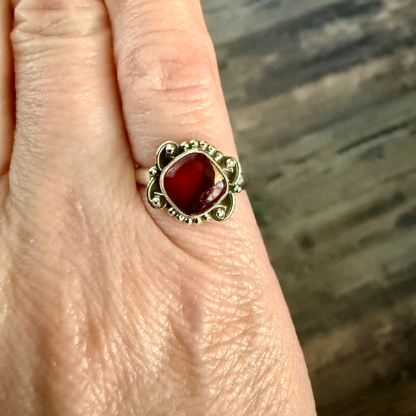 Southwestern Red Rose Dahlia Turquoise Dainty Square Ring Sterling Silver Size 5