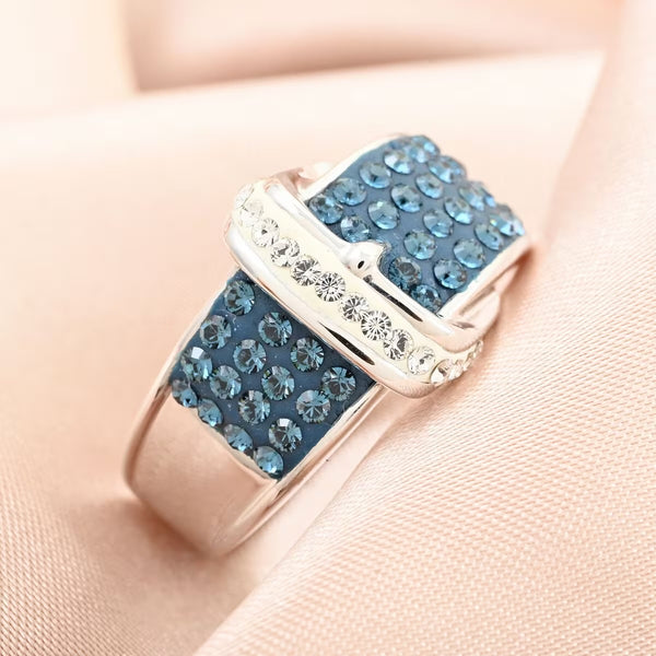 Blue and White Austrian Crystal Buckle Silver Fashion Ring Casual Boho New