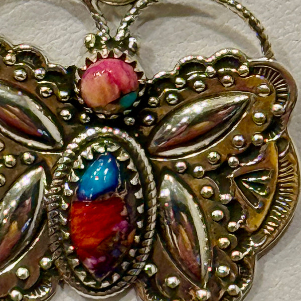 Pink Dahlia Turquoise Butterfly Southwestern Necklace Pendant Sterling Silver