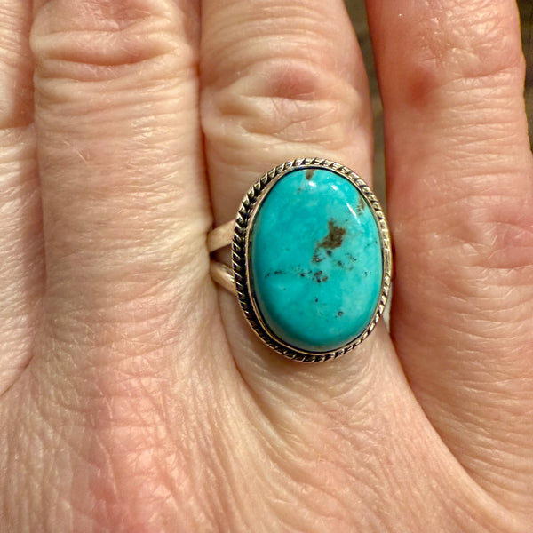Oval Kingman Turquoise  Double Band Ring Southwestern Sterling Silver Size 7