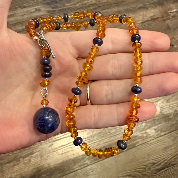 Baltic Amber And Lapiz Lazuli Beaded Lariat Necklace 925 Sterling Silver New