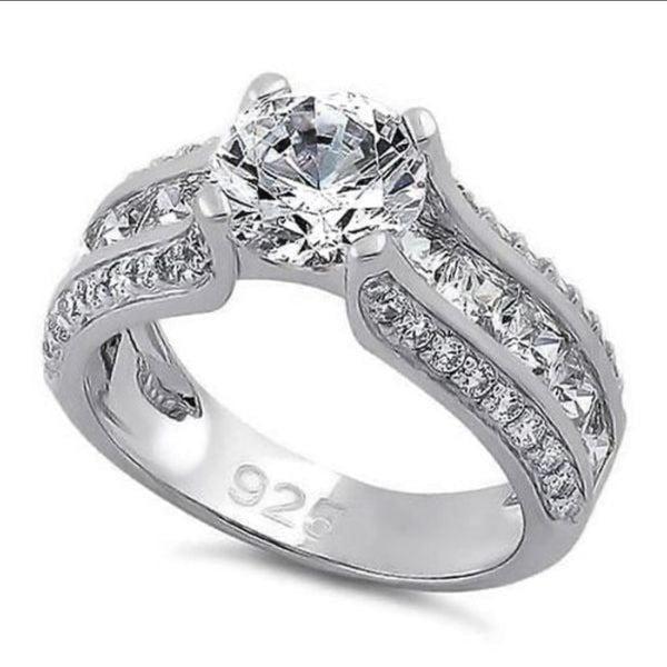 Sterling Silver Round & Princess Cut Clear CZ Ring Womens Wedding Jewelry