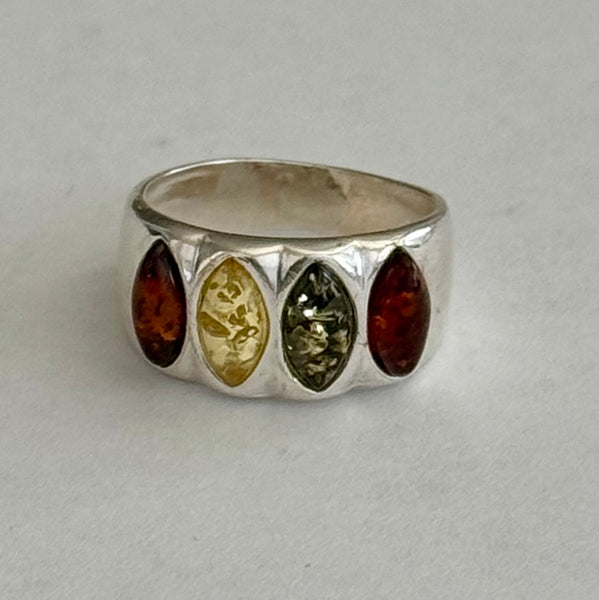 Sterling Silver Multicolor Baltic Amber Four Stone Marquise Shape Ring New