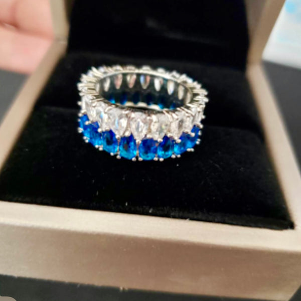 Sapphire CZ Waterdrop Crystal Double Row Eternity Ring Womens Size 8.75