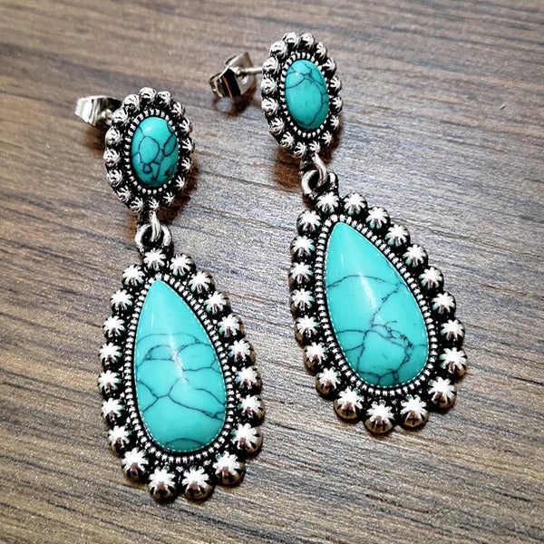 Western Boho Tibetan Natural Turquoise Dangle Teardrop Earrings Womens Casual