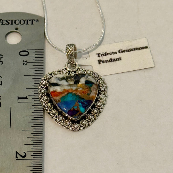 Southwestern Multi Turquoise Heart Pendant Necklace Floral Sterling Silver New
