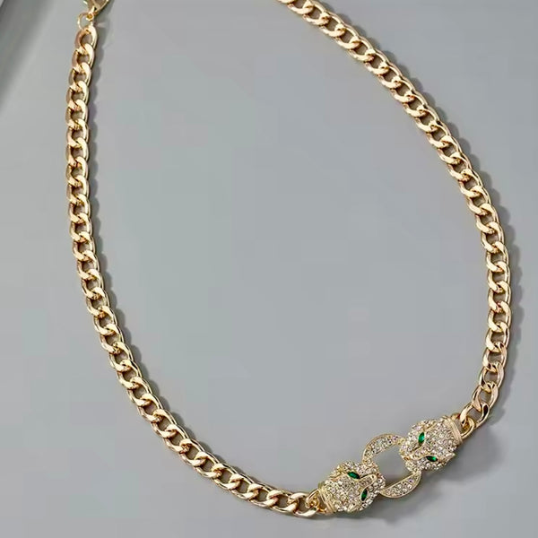 White Diamond Simulated Green Emerald Glass Leopard Head Link Gold Necklace