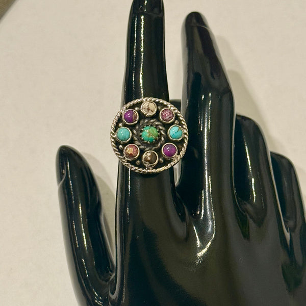 Southwestern Multi Turquoise Adjustable Round Sterling Silver Ring Artisan Made