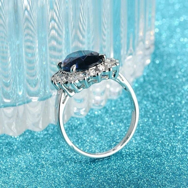 Oval Sapphire Blue Stone Ring Womens Sterling Silver Size 5