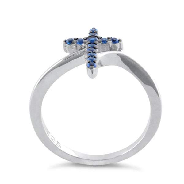 Sterling Silver Cross Sapphire Blue CZ Round Cut Christian Ring Boho Casual New