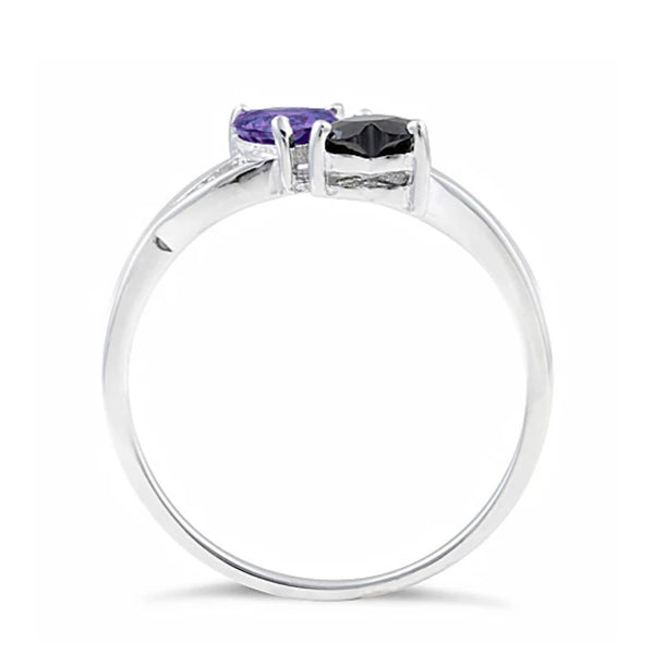 Sterling Silver Double Heart Violet & Black CZ Ring