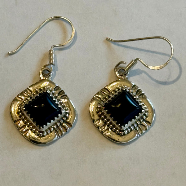 Southwestern Square Framed Genuine Black Onyx Sterling Silver Dangle Earrings
