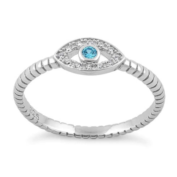 Aquamarine Blue Stone Evil Eye Sterling Silver Ring Sz 9