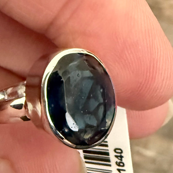 Ancient Navy Blue Roman Glass Stone Faceted Oval Ring Sterling Silver Size 6 New