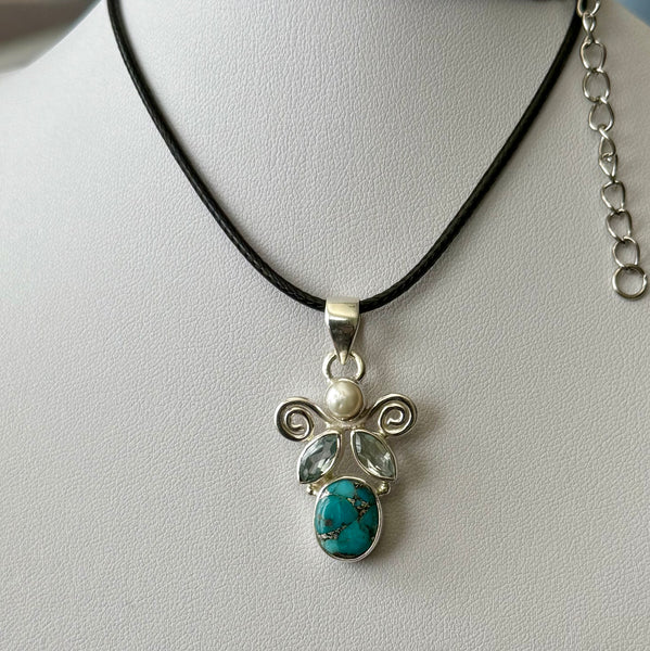 Blue Copper Turquoise Topaz Pearl 925 Sterling Silver Angel Pendant Necklace